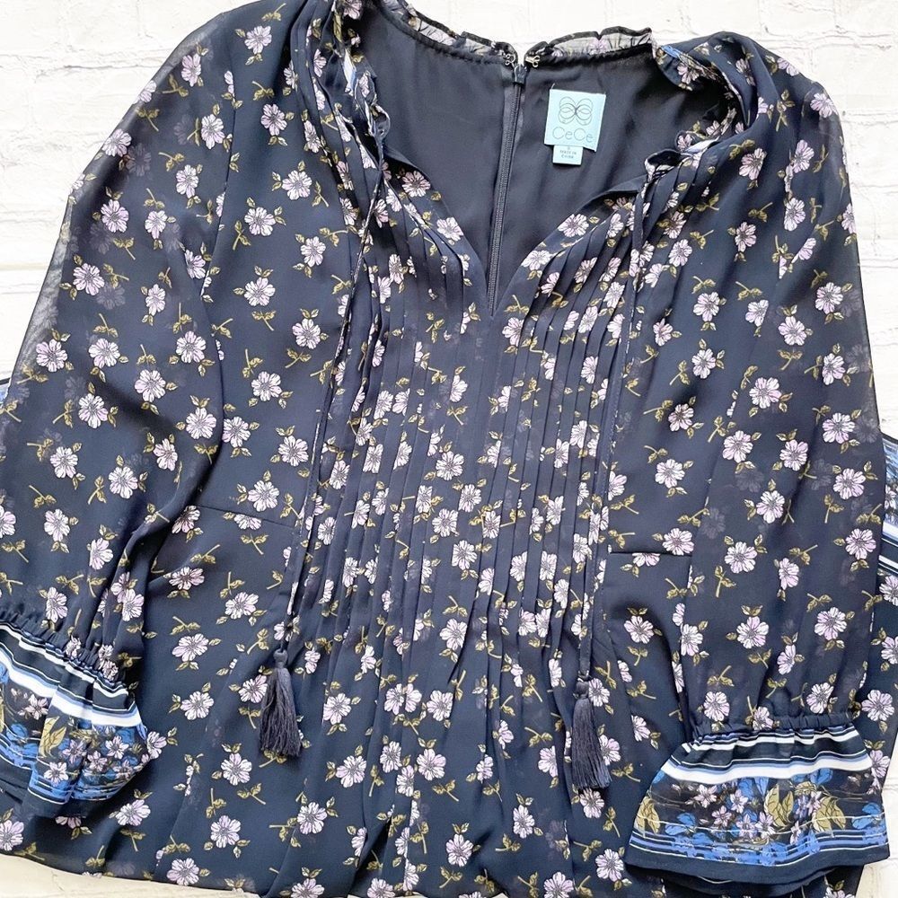 Cece Dark Blue & Floral Pintuck Ditsy Trellis Dress - Picture 1 of 4